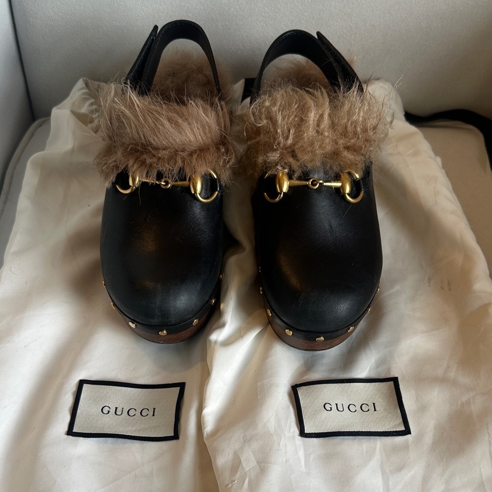 Gucci Black Leather Mules with Brown Fur Trim